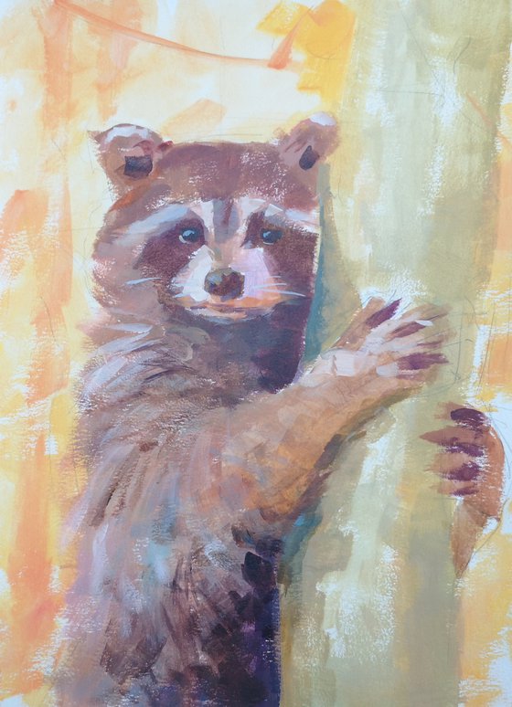 "Racoon #2" (acrylic on paper painting) (11x15×0.1'')