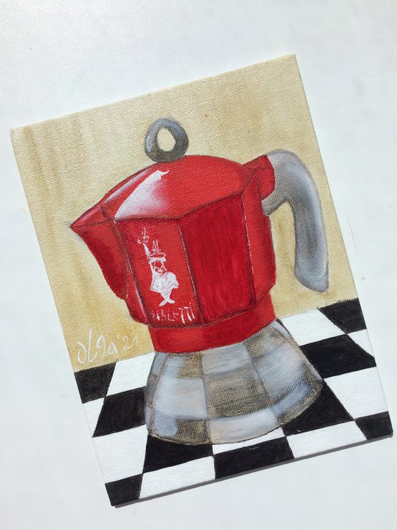 Italian red coffee grinder on a chessboard - Gift idea for coffee lover