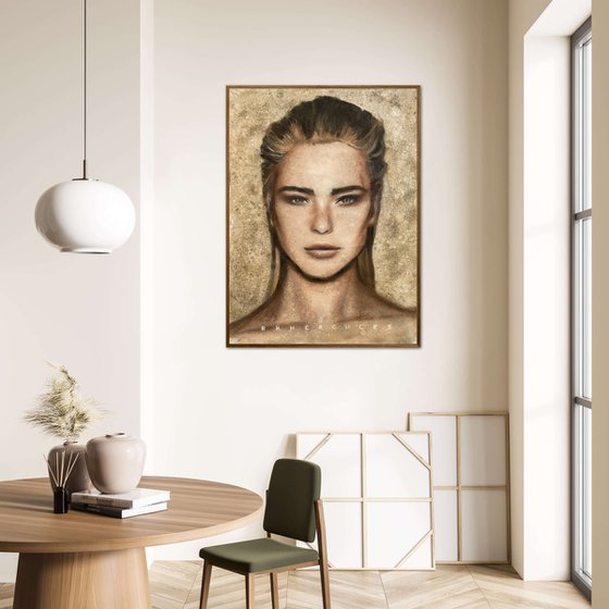 Odette female fierce strong power woman slick hair thick eyebrows neutral green large painting oil on canvas