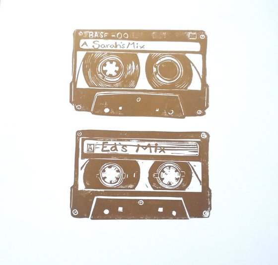 Linocut tapes Golden duo #1 (cassette tapes, retro music, 70's, 80's rock culture)