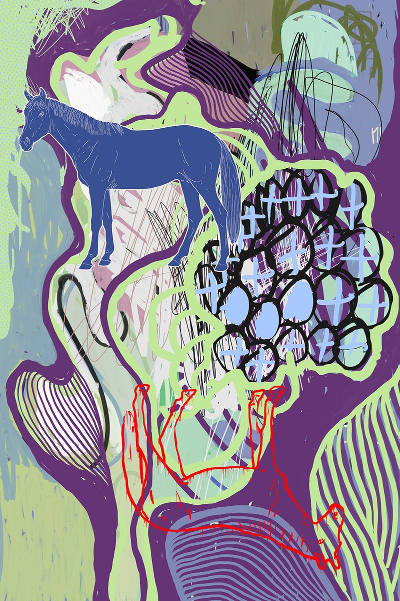 Abstract Animal Giclee Print By Alasdair Willis, 16 X 23, One Horse Twice, Original Artwork