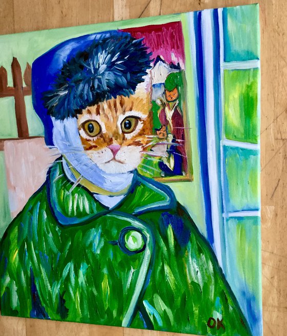 Confused Cat La Van Gogh.  Version of famous self portrait of  Vincent Van Gogh missing ear