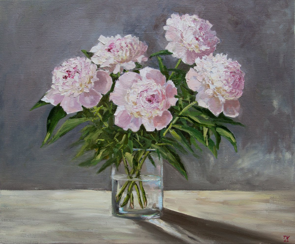 Flowers. Peonies. Oil painting. Floral still life. 20 x 24 by Tetiana Vysochynska