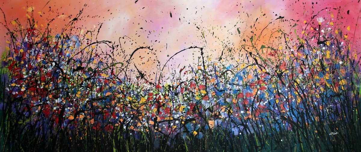 Expressive Botanical Acrylic Painting By Cecilia Frigati, 89 X 39, Radiance #2, Original Artwork
