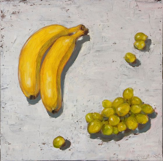 still life of banana and grapes