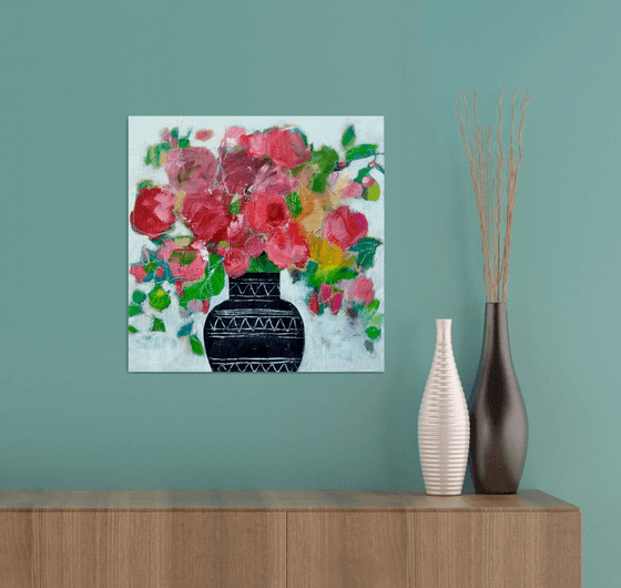 Roses in a Black Vase