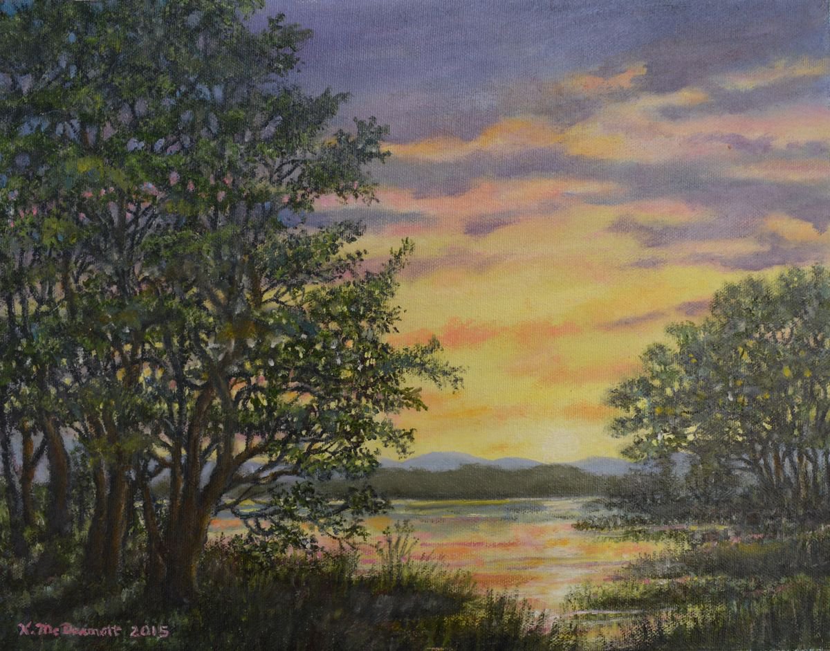 Impressionistic Landscape Oil Painting By Kathleen Mcdermott, 14 X 11", River Cove Sundown, Original Artwork