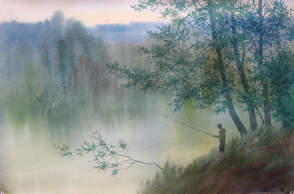 Impressionistic Landscape Watercolour By Valeriy Savenets-1, 18 X 12", Fisherman, Original Artwork