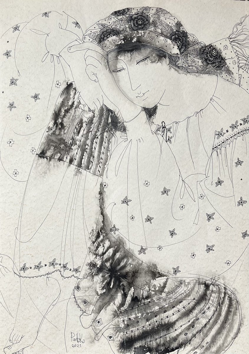 Portrait Ink Drawing By Liudmyla Korzh-Radko, 17 X 24", Hutsulka, Original Artwork