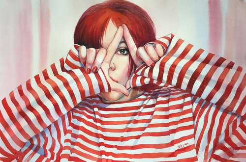 Girl in a striped sweater. Bright portrait of a girl. by Natalia Veyner