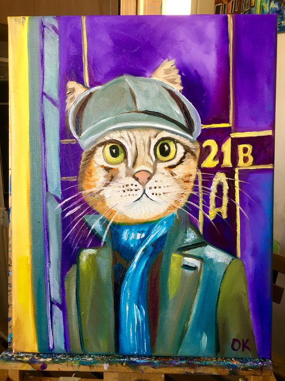 Troy The  Cat- Sherlock Holmes  Baker  Street 221 B   oil painting for cat lovers.