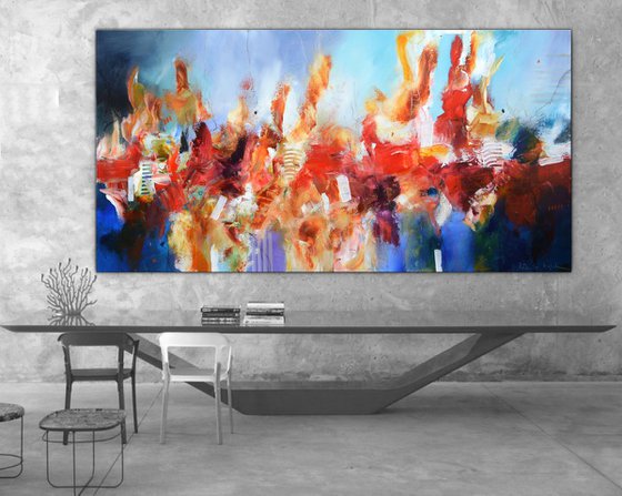 Abstract large painting - Big Bang - red, blue and yellow long abstract painting