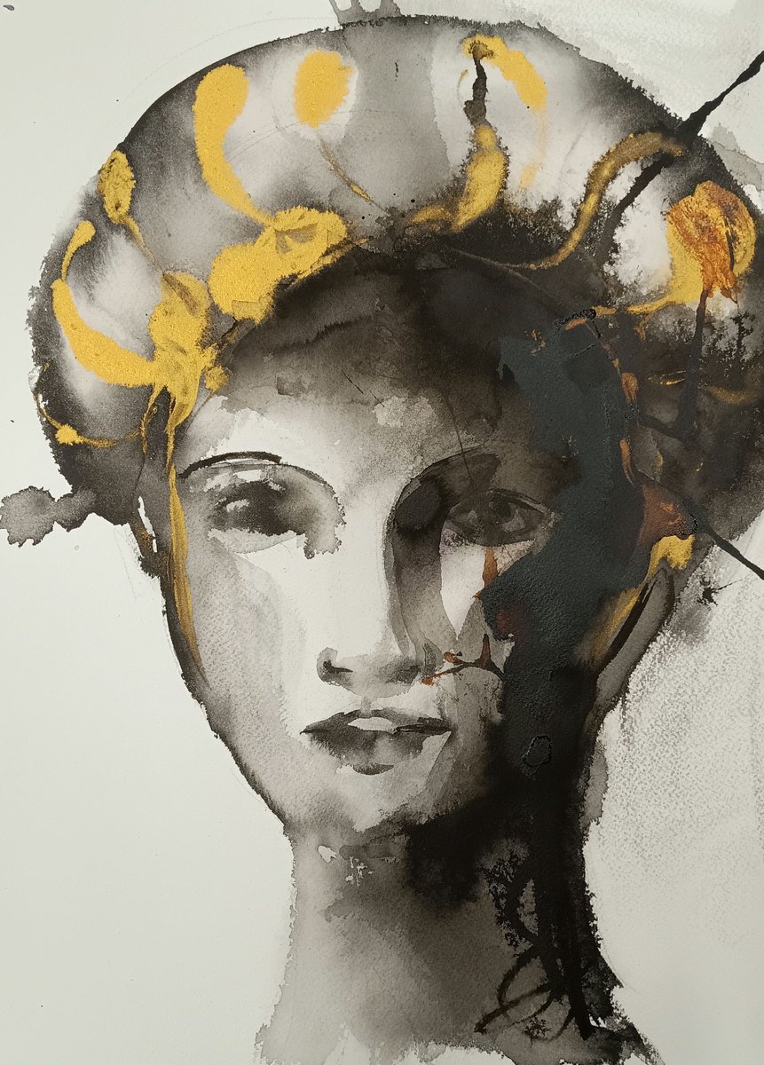 Expressive Portrait Ink Drawing By Marina Del Pozo, 12 X 16", Dama#1, Original Artwork