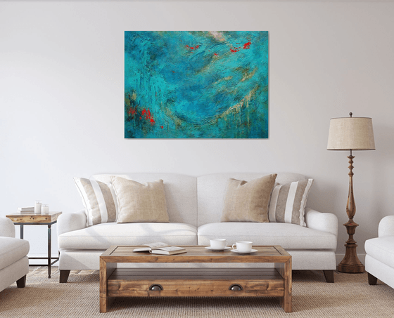 Blue Abstract Seascape Textured Painting Navy, Teal, Red, Silver, Gold. Modern Art with Heavy Texture. Abstract Landscape Contemporary Artwork for Livingroom or Bedroom