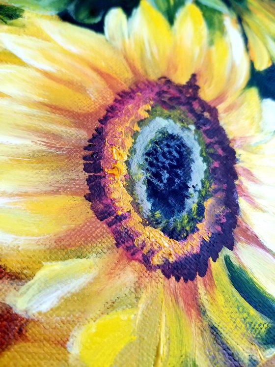 Sunflowers in a Pot. Oil Painting on Canvas. Christmas Gift. New Year Gift. Floral Painting for Living Room. Room Accent. Gift for Her.