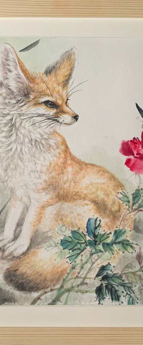 Original Ink Brush Painting, Framed Wall Art, Fennec Fox & Roses by Fiona Sheng