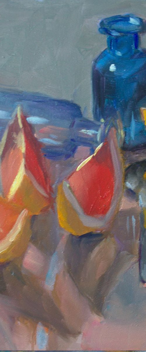 Small Painting - Grapefruit Reflections - One of a kind Artwork, Kitchen Decor by Nithya Swaminathan