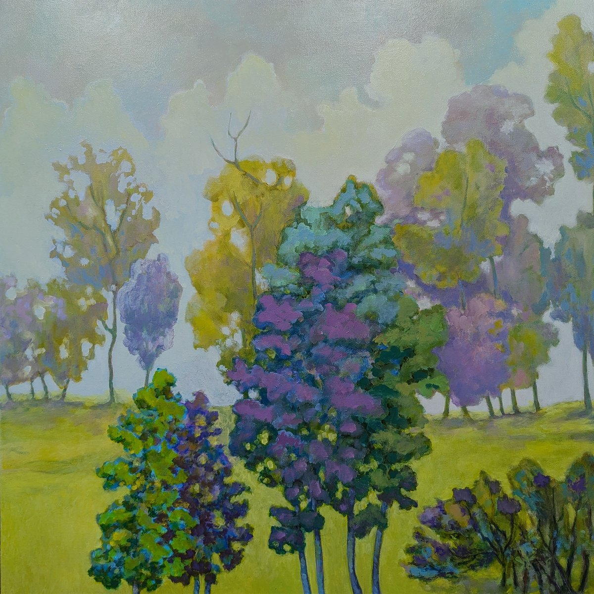 Impressionistic Landscape Oil Painting By Veta Barker, 36 X 36", Purple-Green Rainy Afternoon., Original Artwork