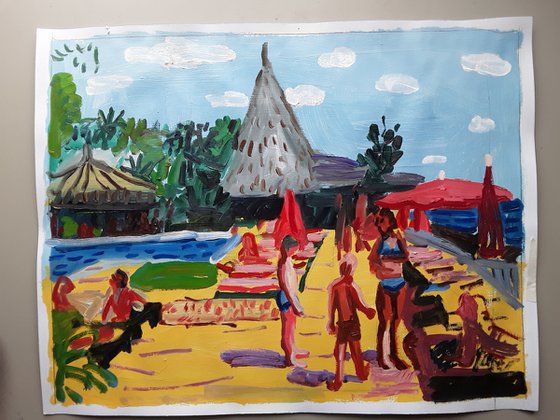 Pool scene Marbella,  1970s (oil on paper)