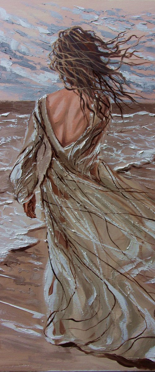 " WALKING ON THE BEACH ... " 100X70CM original painting SEA SPRING palette knife GIFT by Monika Luniak