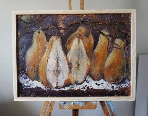 Pears (hot wax on OSB) by Dora Stork