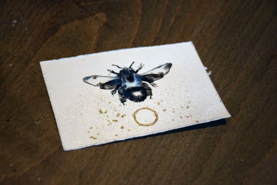 Blue Bee / Orchard Bee / Tiny Ink Painting with Gilding and Metallic Pigment