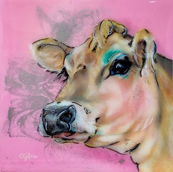 Princess Dairy - Jersey Cow original oil painting, resin, metallic paint