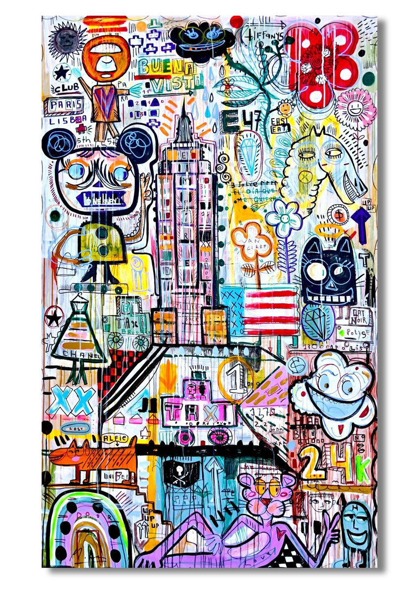 Urban And Pop Landscape Acrylic Painting By Mercedes Lagunas, 45 X 69", Buena Vista, Original Artwork