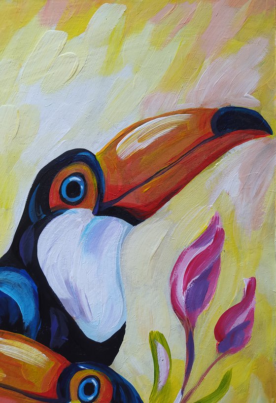 Toucans in love - toucan oil painting, love, flovers, toucan, animals, bird, birds oil painting, gift idea