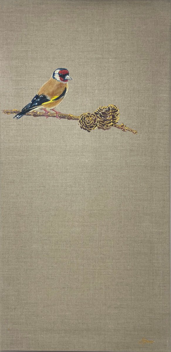 Goldfinch with Golden Pinecones by Hannah Bruce