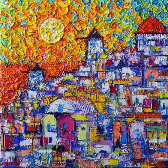 ABSTRACT SANTORINI OIA SUNSET FLORAL SKY contemporary impressionist abstract cityscape impasto palette knife original oil painting