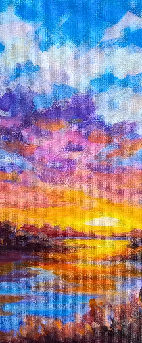 Sunset on the river Impressionistic landscape by Anastasia Art Line
