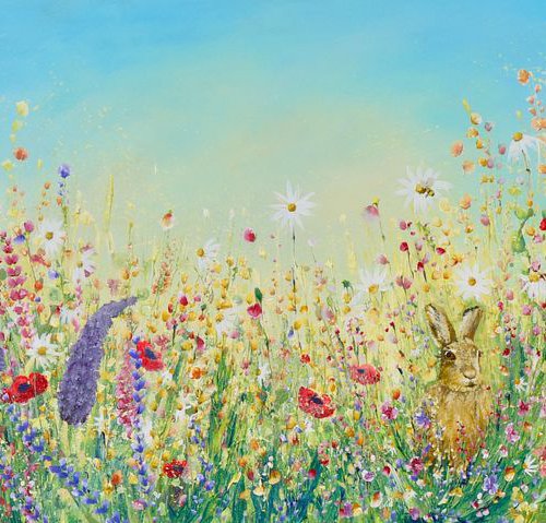 Spring Breeze, with Hare and Bumble bee (long painting) by Emma Sian Pritchard