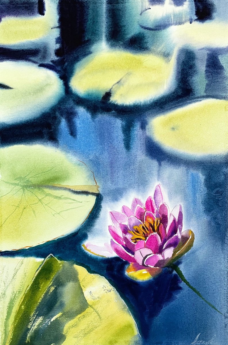 Impressionistic Botanical Watercolour By Ksenia Astakhova, 13 X 20", Water Lily From Monrepos, Original Artwork