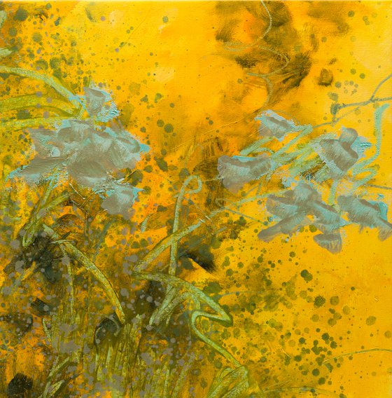 "Wild flowers" - floral oil painting in yellow turquoise pale blue and dark brownish green