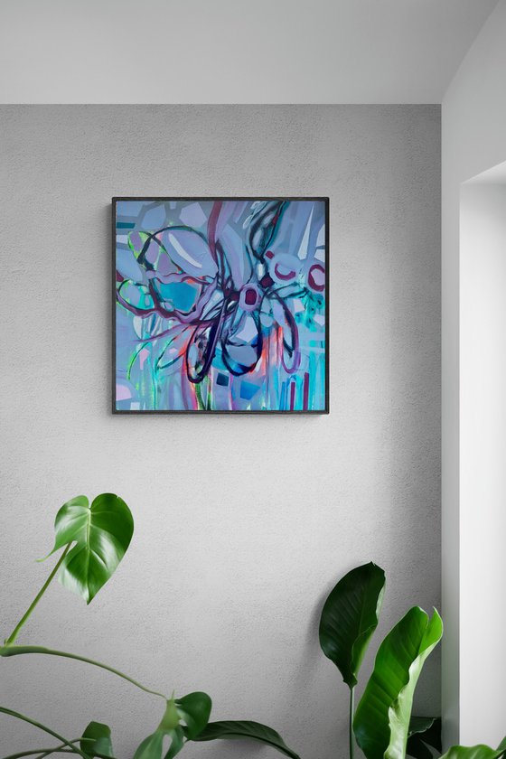 EARY DAYS- a square 50 x 50 cm acrylic painting, very peri, blue, abstract flower