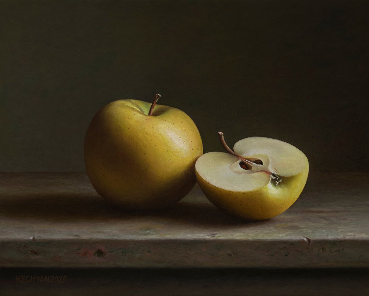 Photorealistic Still Life Oil Painting By Albert Kechyan, 12 X 9, Golden Stillness, Original Artwork