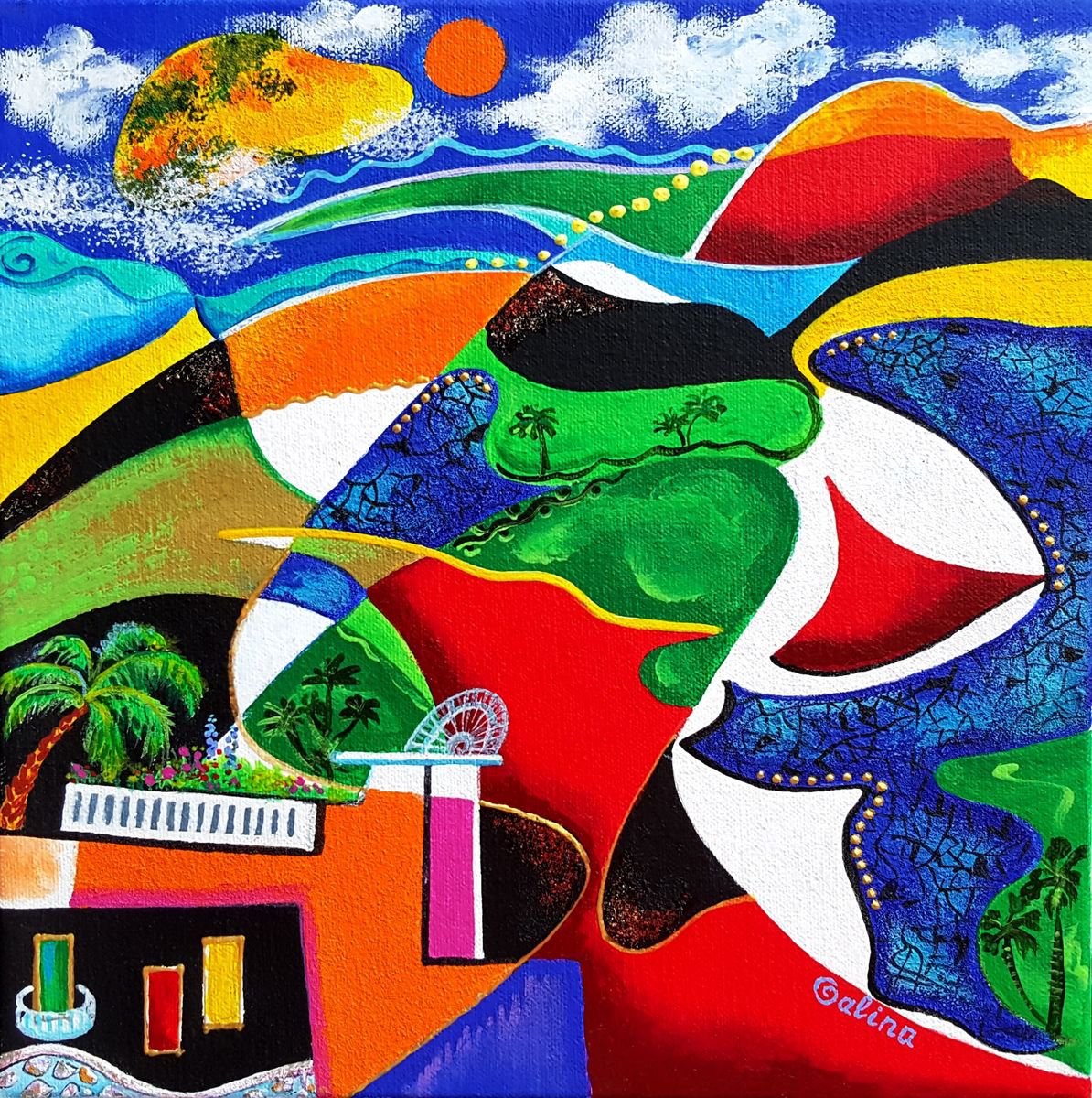 Landscape Acrylic Painting By Galina Victoria, 12 X 12, Tropical Night, Original Artwork