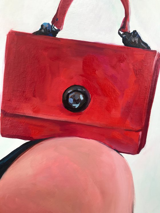 RED BAG - oil painting on cardboard, original gift, red, woman, nude, erotics, original gift, home decor, pop art, office interior