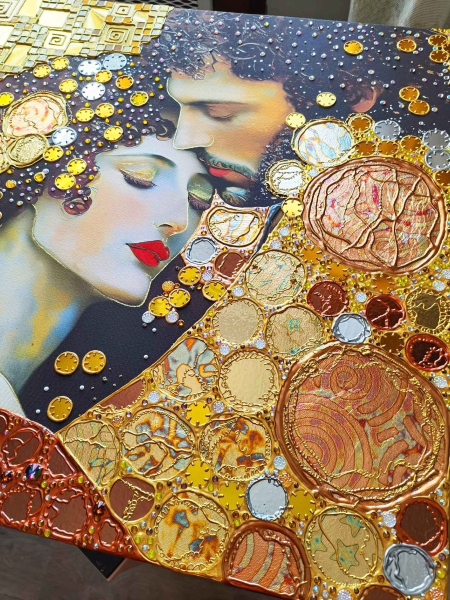 Love original painting. Golden decorative artwork with gold leaf. Gift ...