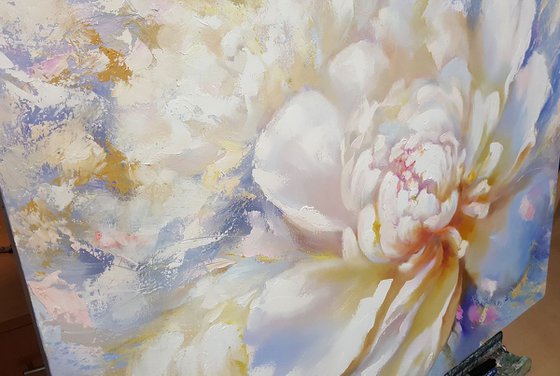 Peonies in rays sun, relief oil painting
