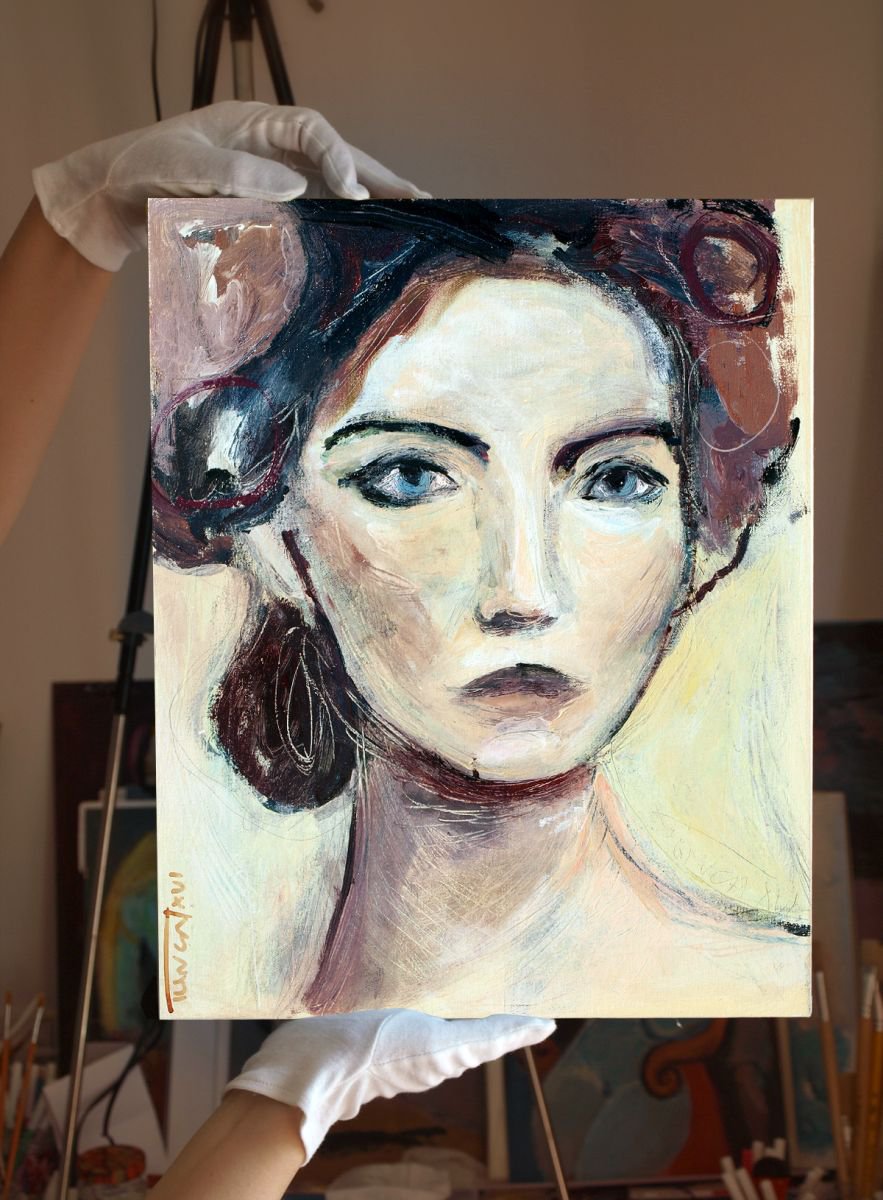Expressive Portrait Acrylic Painting By Catalin Ilinca, 13 X 16, L