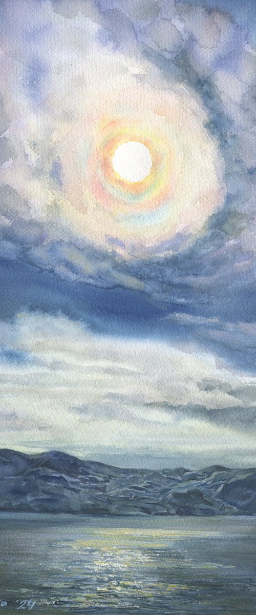 Somewhere in Iceland. Full Moon (Rainbow eye) / ORIGINAL watercolor ~11x14in (28x38cm) by Olha Malko