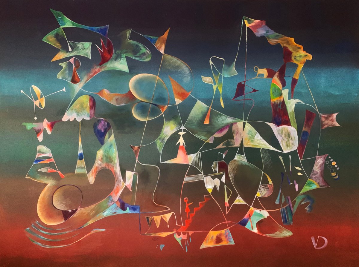 Surrealistic Abstract Oil Painting By Dina Volkova, 48 X 36, Sunset Performance, Original Artwork