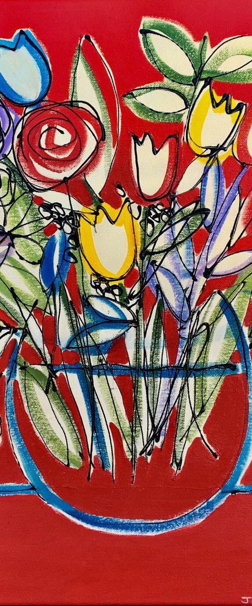 Spring Flowers on Red by Jan Rippingham