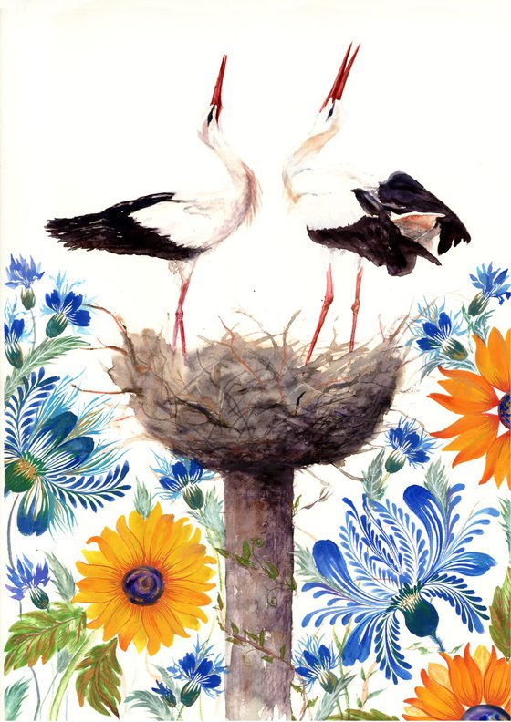 Nest of Serenity with a pair of storks surrounded by a field of lush wild yellow blue flowers