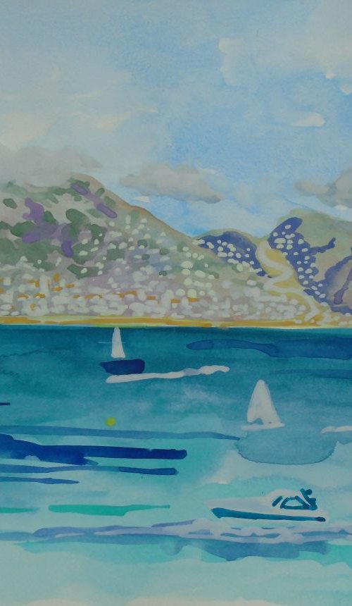 Boats on the Mediterranean with Sierra Bernia View (from Albir Beach) by Kirsty Wain