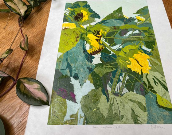 When Sunflowers fall - Linocut Print