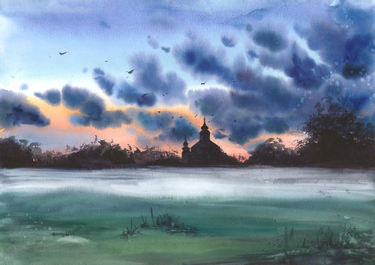 Impressionistic Landscape Watercolour By Sonata Art, 22 X 17", Mist Sunrise Watercolor Landscape, Original Artwork