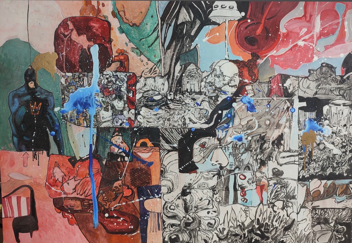 Graphic Abstract Acrylic Painting By Pavel Guliaev, 39 X 28", Comic 1, Original Artwork